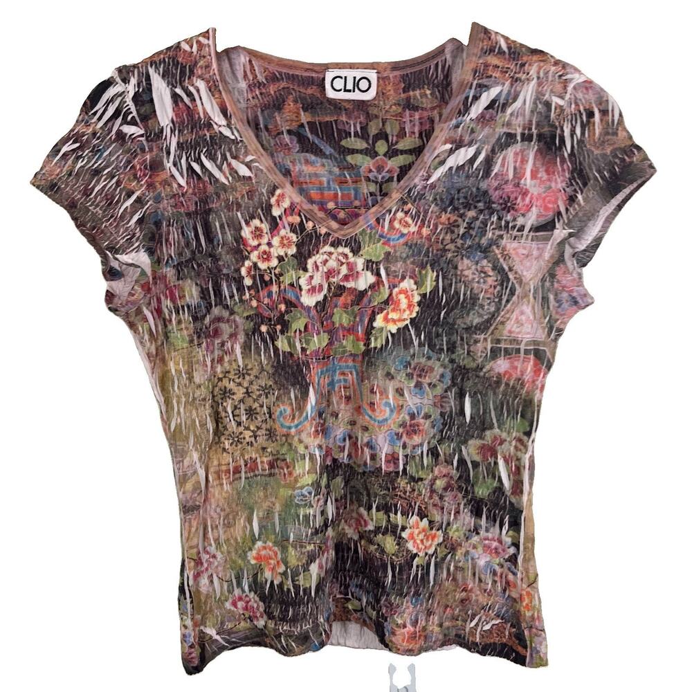 Vintage Y2K Clio Crinkle Mesh Top Womens M Floral Abstract Fairy Grunge Baby Tee